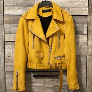 ZARA Suede Moto Jacket Mustard yellow suede moto biker jacket size L excellent